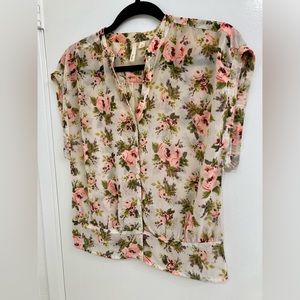 Frenchi Blouse Small - Sheer Button Down Floral Shirt